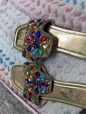 Embellished Gold Slide Sandals with Multicolor Gemstones